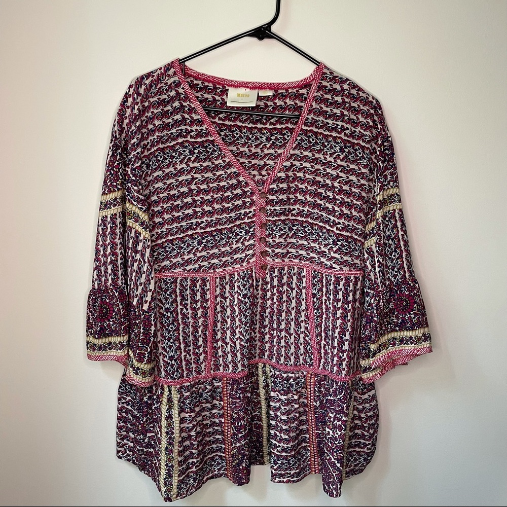 Anthropologie Maeve Lilyana Tiered Silk Blouse Size Small Petite 100% Silk